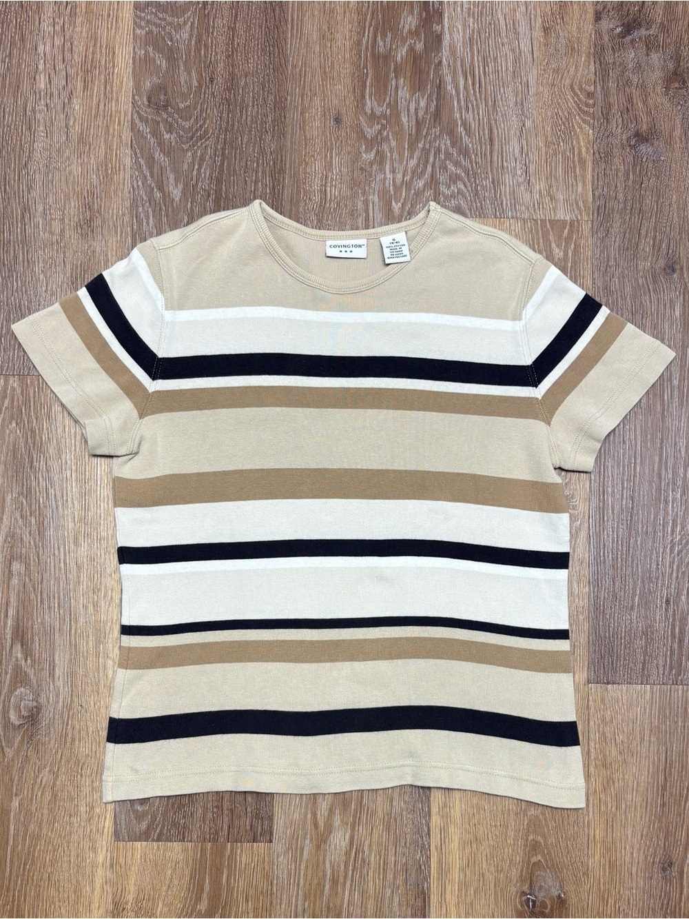 Covington Beige, Cream and Black Striped Short Sleeve Top